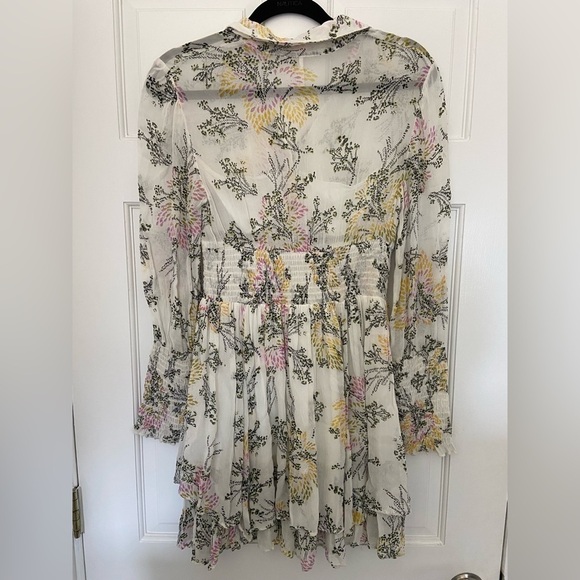 Free People White Sheer Floral Puff Long Sleeve Collared Button Up Flowy Dress - Picture 9 of 15
